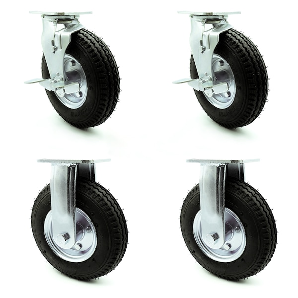 8 Inch Black Pneumatic Wheel Caster Swivel with Brakes and 2 Rigid SCC, 2PK